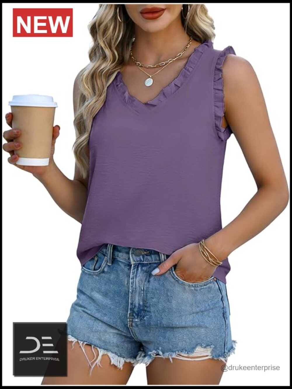 Ruffle V Neck Sleeveless Tank Top Dressy Casual Blouse Work Shirt